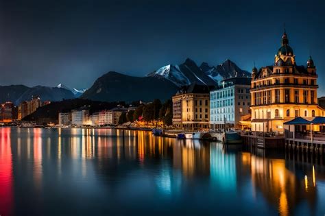 Una Ciudad De Noche Con Un Lago Y Monta As Al Fondo Foto Premium