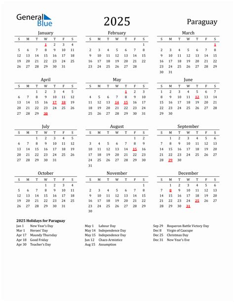 Free Paraguay Holidays Calendar For Year 2025