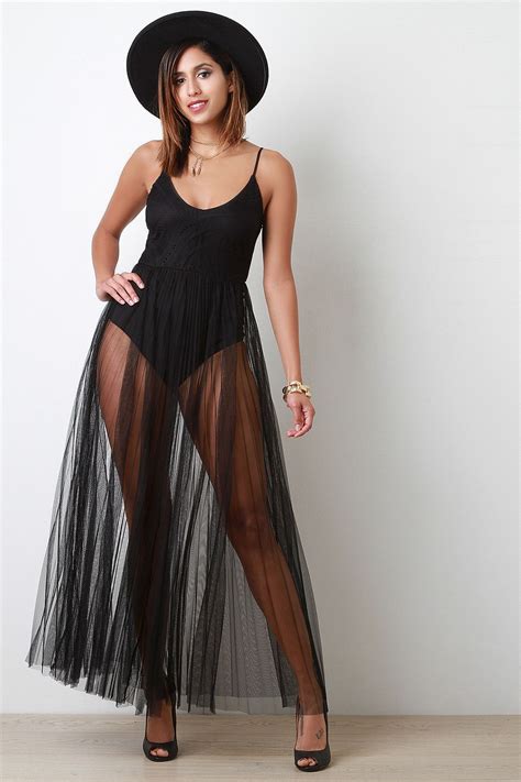 Pleated Semi Sheer Mesh Skirt Bodysuit Stlye Dress Bodysuit Fashion