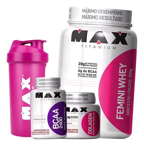 Kit Whey Proten Feminino Bcaa Colágeno Max Titanium R 139 50