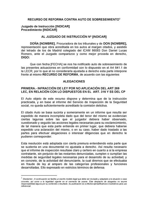 Modelo Recurso Reforma Contra Auto Sobreseimiento Recurso De Reforma