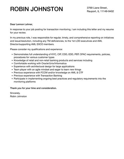 Transaction Monitoring Cover Letter Velvet Jobs