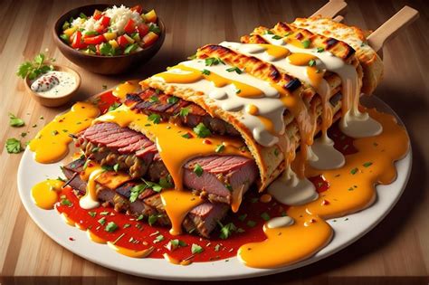 Premium Photo | Meat kebab with cheese sauce