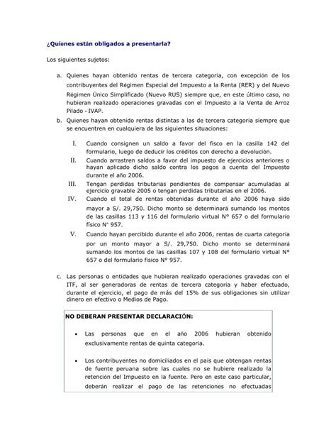 PDF Qui Nes Est N Obligados A Presentarla Contenido App Sunat Gob Pe