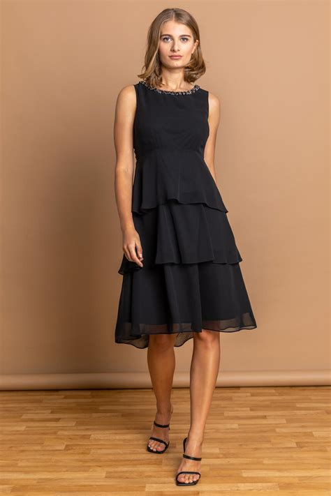 Tiered Embellished Neck Chiffon Dress In Black Roman Originals Uk