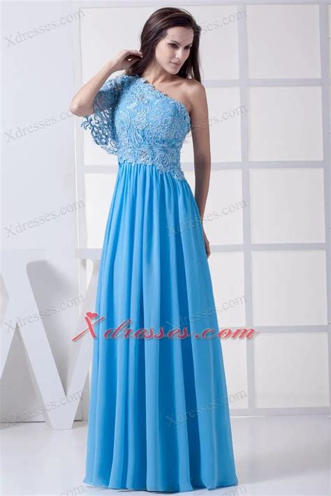 Light Blue Prom Dresses 2017 One Shoulder Lace And Chiffon Evening Dresses Floor Length Formal