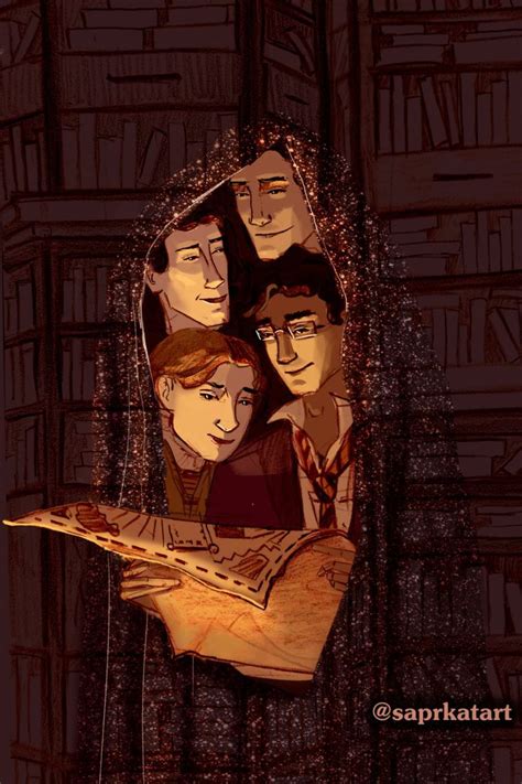 The Marauders Under The Invisibility Cloak Art Moony Padgoot Prongs Wormtail Illustration