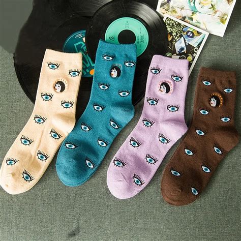 New Women Fashion Cotton Socks Eyes And Face Embroidery Socks Novelty