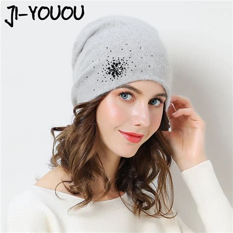 Winter Skullies Beanies Knitted Hats For Women Warm Lining Rhinestons Beanies Hat Female Brand