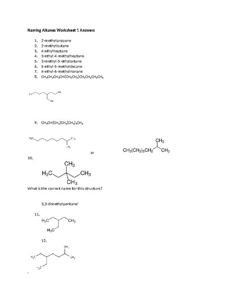 Naming Alkanes Worksheet 1 Answers 1 Chem 10052 W18 Jc Naming Alkanes Worksheet 1 Answers 1