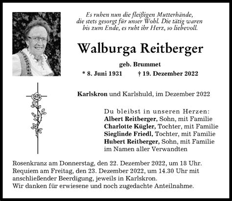 Traueranzeigen Von Walburga Reitberger Augsburger Allgemeine Zeitung