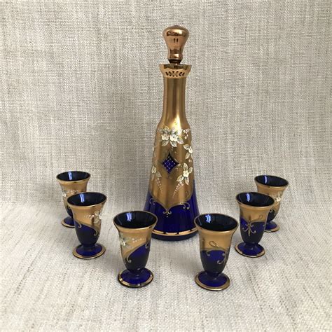 Vintage Glass Decanter With 6 Liqueur Glasses Bohemian Czech Cobalt Blue Gold Hand Painted