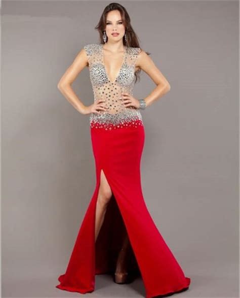 Mermaid Deep V Neck Open Back Red Chiffon Sheer Tulle Beaded Prom Dress