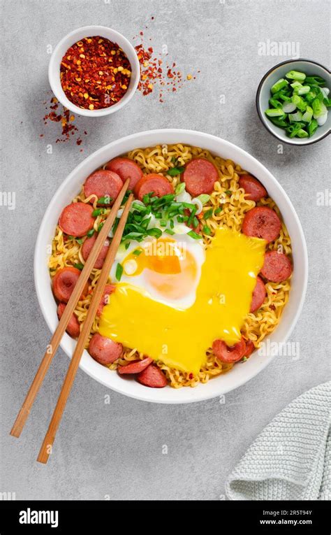 Ramen Noodles With Sausages Egg Melted Cheese And Scallion Microwave