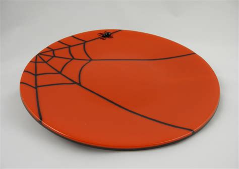 Fused Glass Spider Web Plate Round Orange And Black Handmade Halloween Decoration Etsy