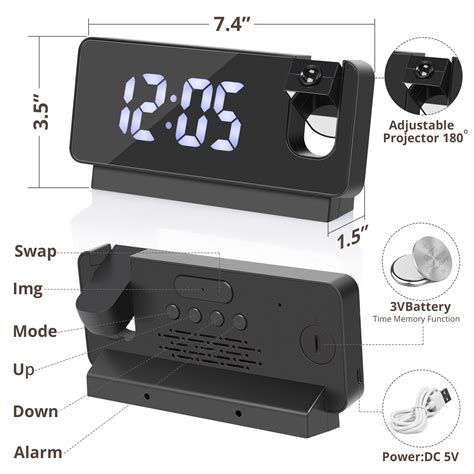 Led Projection Alarm Clock With 180° Projector Usb Charger Adjustable