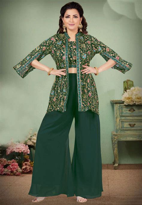 Embroidered Georgette Crop Top Jacket Set In Green TKL296