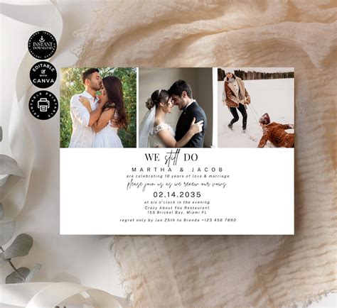 Wedding Vow Renewal Invitation Template 10th Anniversary Couple Photo Invite Card Instant