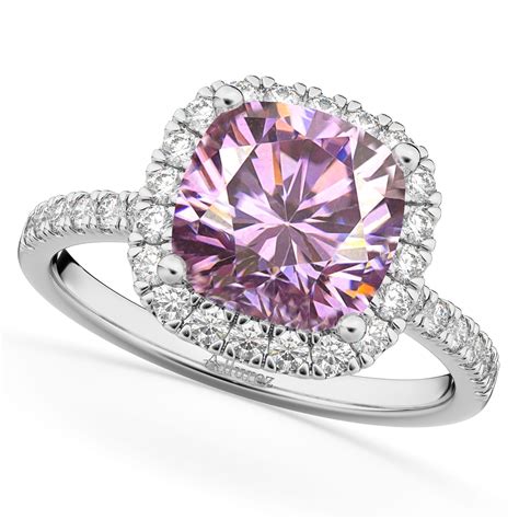 Cushion Cut Halo Pink Moissanite Diamond Engagement Ring K White