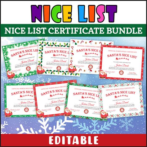 Editable Set Of 8 Christmas Nice List Certificate Template Bundle