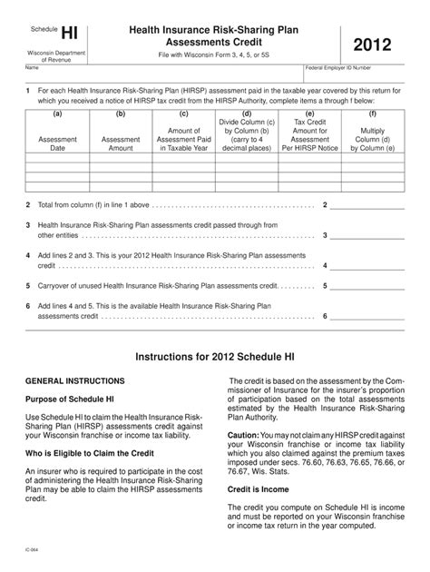 Fillable Online Revenue Wi Ic Schedule Hi Health Insurance