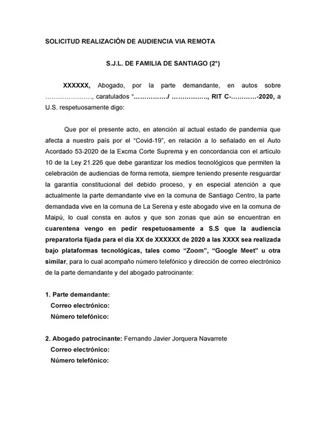 Modelo Escrito Solicita Audiencia Via Remota Solicitud RealizaciÓn De