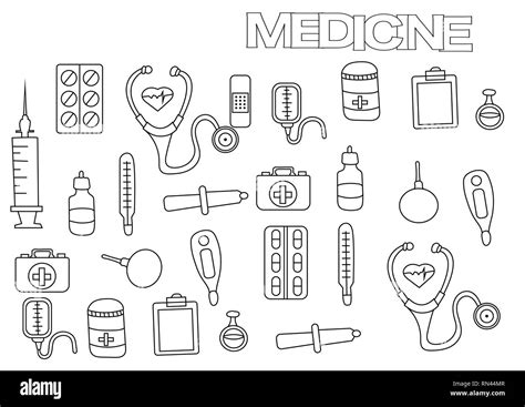 La médecine à la main Modèle de page de livre de coloriage Doodle