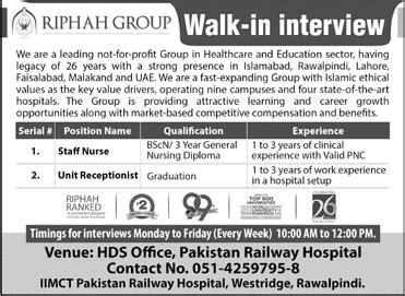 Riphah Group Rawalpindi Jobs 2023 March Staff Nurse Receptionist Walk