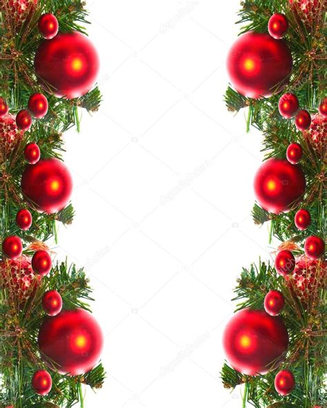 Border Of Red Christmas Garland With Baubles And Ribbons On White