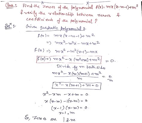 Find The Zeroes Of The Polynomial F X Mx X M 1 M2 And Verify The