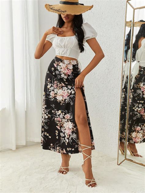 Shein Frenchy Womens Black Floral Print High Slit Skirt Summer Skirt