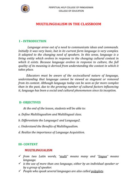 Multilingualism In The Classroom Multilingualism In The Classroom I Introduction Language