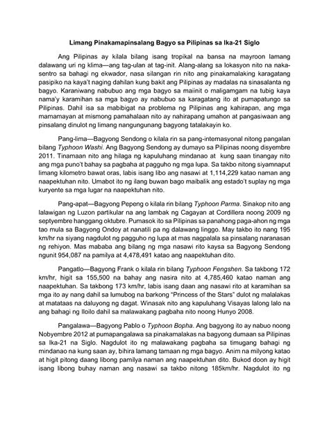 Limang Pinakamapinsalang Bagyo sa Pilipinas sa Ika-21 Siglo - Alang- alang sa lokasyon nito na ...