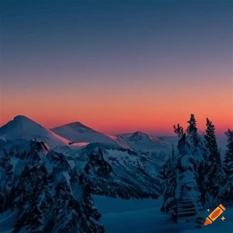 Beautiful Sunset Over Snowy Mountains With Orange Sky On Craiyon