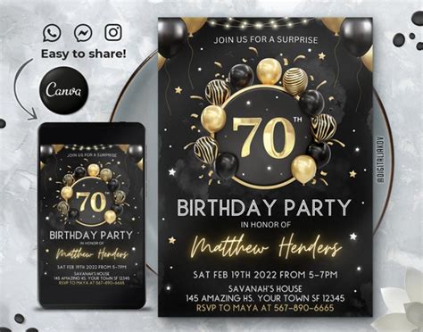 Editable 70th Birthday Invitation Template Printable Birthday Party Invitations Digital Party