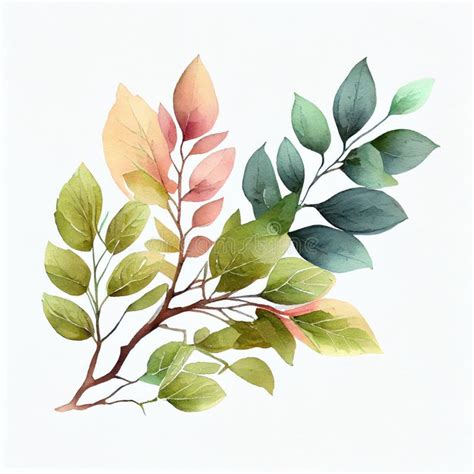 Watercolor Twigs And Leaves On White Background Stock Image Image Of