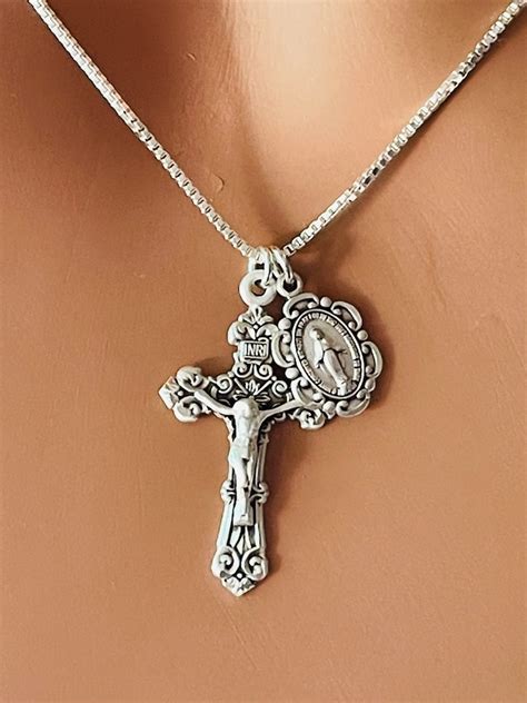 Sterling Silver Crucifix Necklace Miraculous Medal Double Etsy