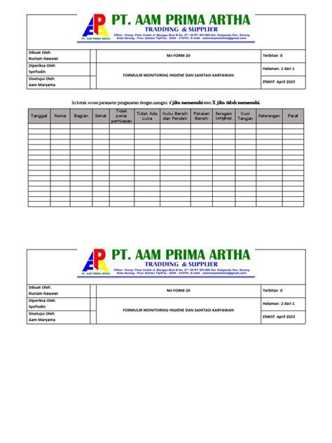 Form 20 Formulir Monitoring Higiene Sanitasi Karyawan Pdf