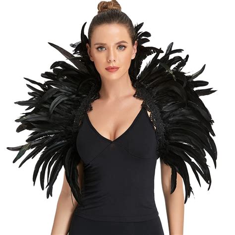 LVOW Black Feather Shrug Cape Shoulder Wrap Lace Collar Halloween