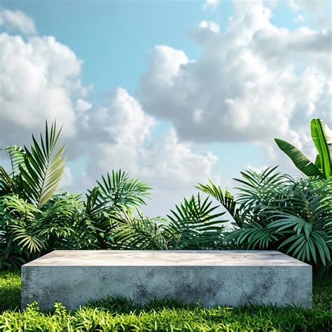 Premium Photo Empty Concrete Podium On Green Grass With Tropical