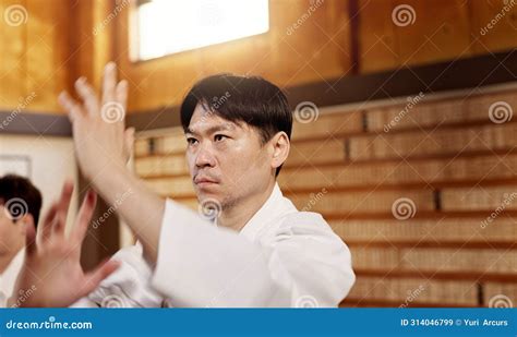 Japanese Student Aikido Or Training Martial Arts In Dojo For Practice