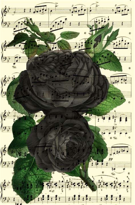 Vintage Black Roses 2 Printed On Upcycled Antique Music Pages Memento