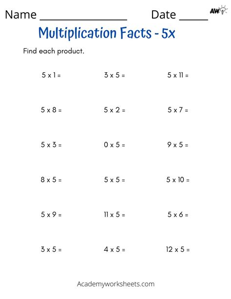 5 Times Table Academy Worksheets