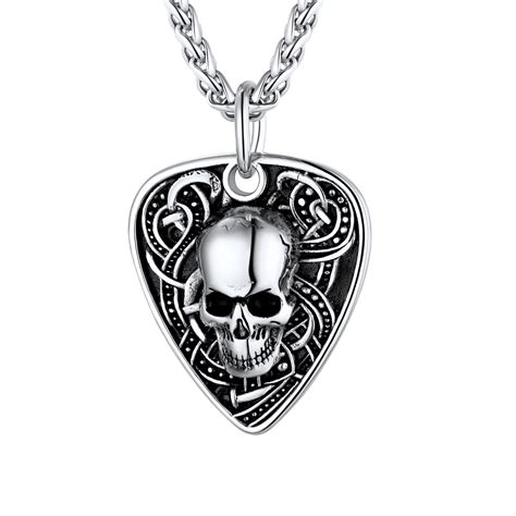 U7 Skull Guitar Pick Men Stainless Steel Hip Hop Punk Silver Pendant Gothic Necklaces