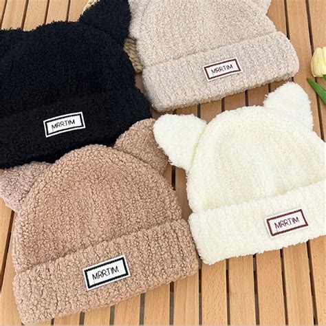 Cute Plush Cat Beanie Ears Solid Color Elastic Skull Temu Australia