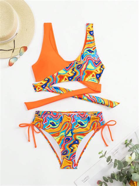 Graphic Print Criss Cross Bikini Swimsuit Shein Usa