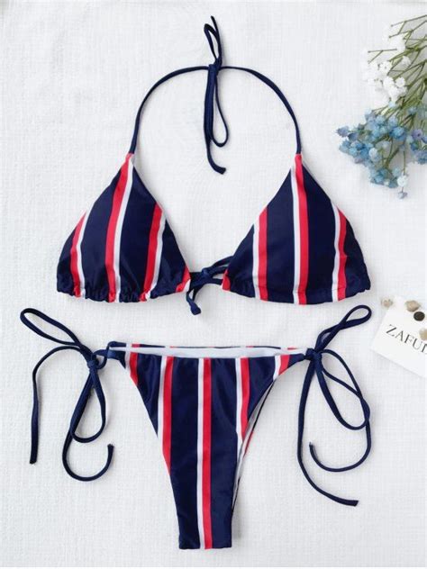 Halter Striped String Bikini Set Blue Bikinis L Zaful