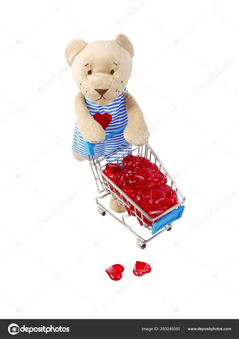 Teddy Bear Toy Pushing Trolley Cart Red Model Hearts Isolated Stock