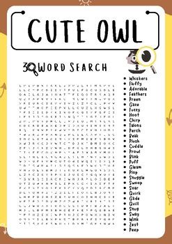 Cute Owl Word Search Puzzle Worksheet Activities Brain Games TPT