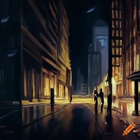 Masterpiece Painting Of A Lone Person Walking In The City Streets At